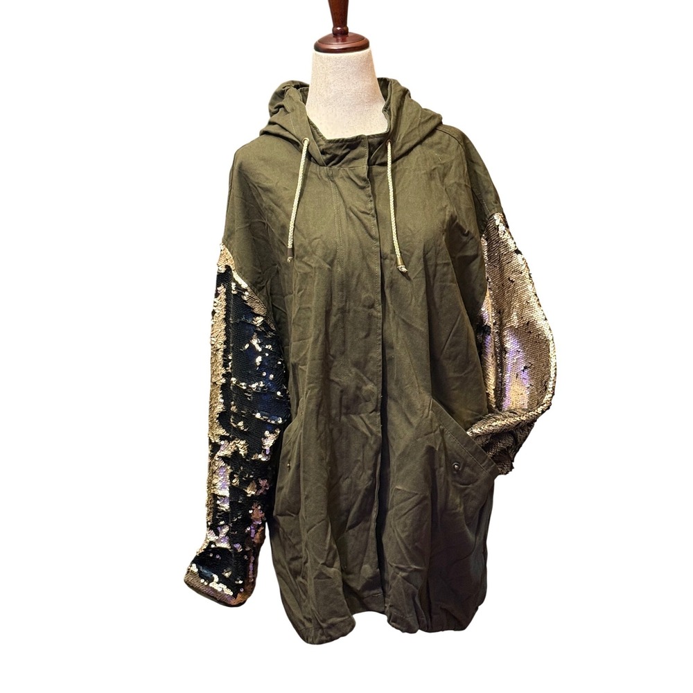 Me Jane Womens Olive Green Sequin Sleeve Utility Hooded Parka Jacket XL